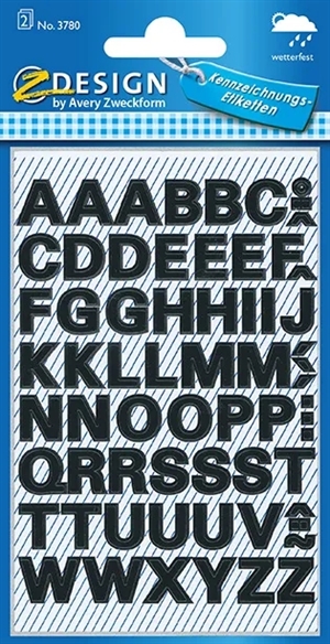Avery - podręcznikowy zestaw etykiet literowych A-Z o szerokości 9,5 mm, kolor: czarny, ilość: 130 sztuk.