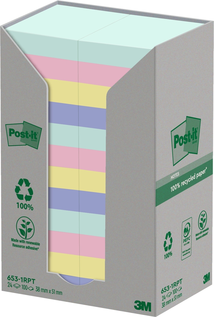 3M Post-it Zestaw z recyklingowanych karteczek w różnych kolorach, format 38 x 51 mm, 100 arkuszy - 24 sztuki.