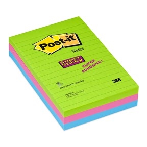 3M Notatki Post-it super lepki 102 x 152 mm, linowane, asortyment neonowy - 3 sztuki