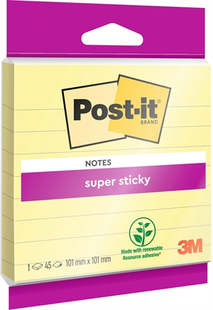 3M Zeszyt samoprzylepnych karteczek Post-it, super lepkie, Kolor żółty kanarkowy, liniowane, wymiary 101 x 101 mm - 45 kartek