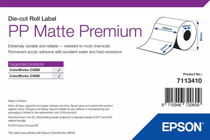 Epson PP Matte Label Premium, Wycięte etykiety, 102 x 51mm ( 535 etykiet )
