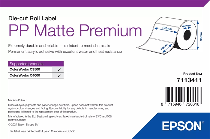 Epson PP Matowe Etykiety Premium, Wykrawane etykiety, 102 x 76 mm (365 etykiet)