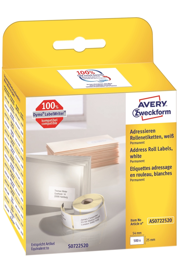 Naklejki adresowe Avery na rolce 54 x 25 mm, 500 szt.