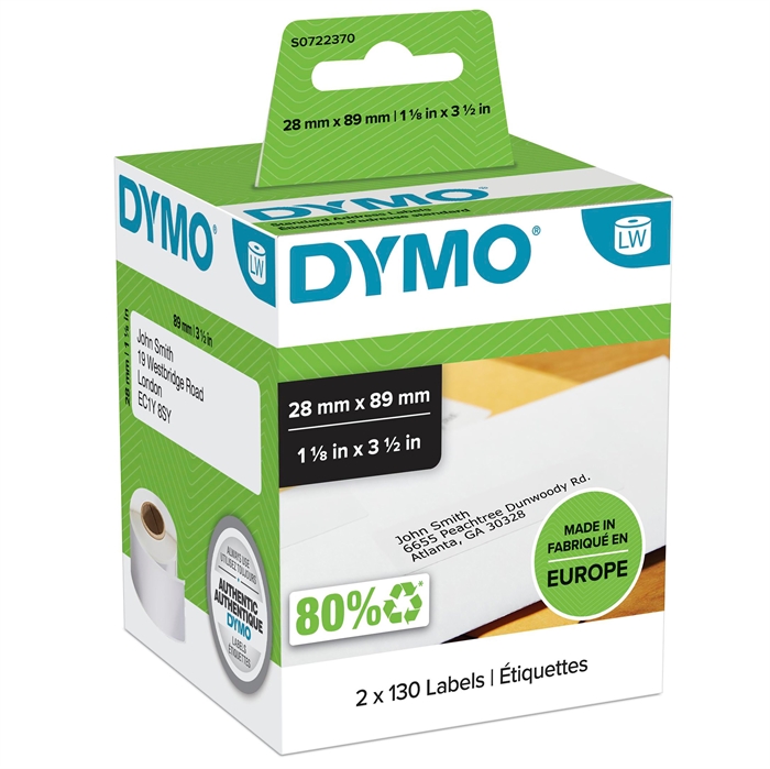 Dymo Label Adresowy 28 x 89 perm biały, 130 etykiet na każdym z 2 rolek.