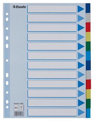 Esselte Faneblade PP A4, 12-częściowe, kolorowe tabulatory.