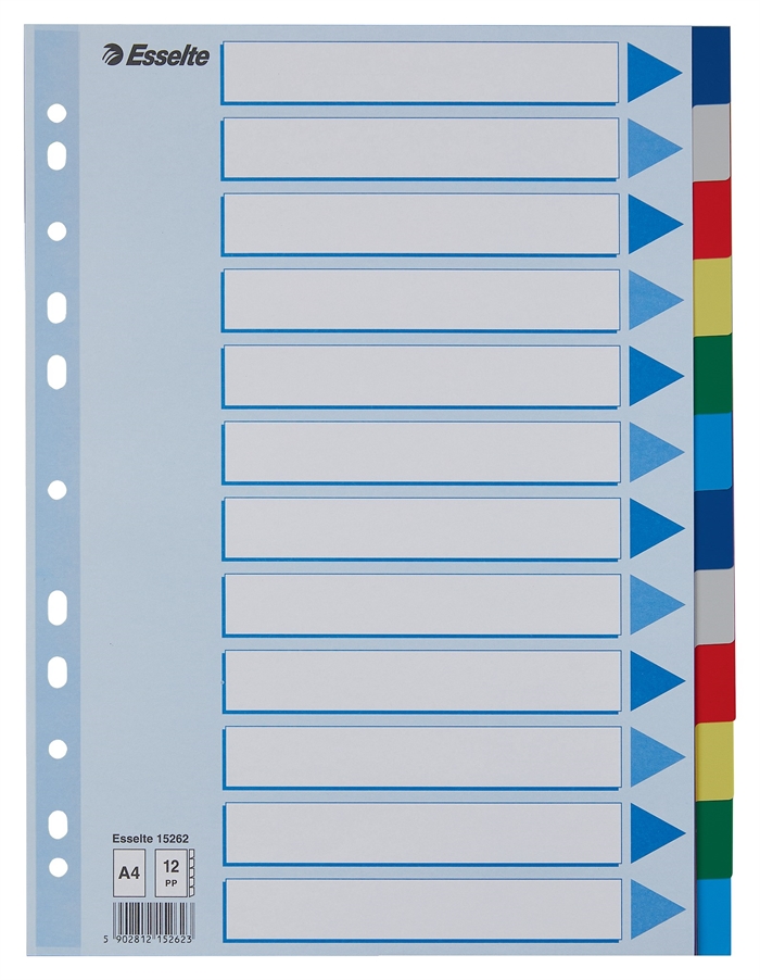 Esselte Faneblade PP A4, 12-częściowe, kolorowe tabulatory.