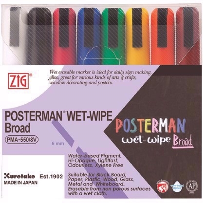 ZIG Marker Posterman o grubości 6mm, 8 - zestaw z możliwością czyszczenia na mokro.