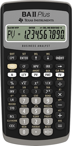 Instrukcja obsługi kalkulatora finansowego Texas Instruments BAII Plus w wersji dla Wielkiej Brytanii.